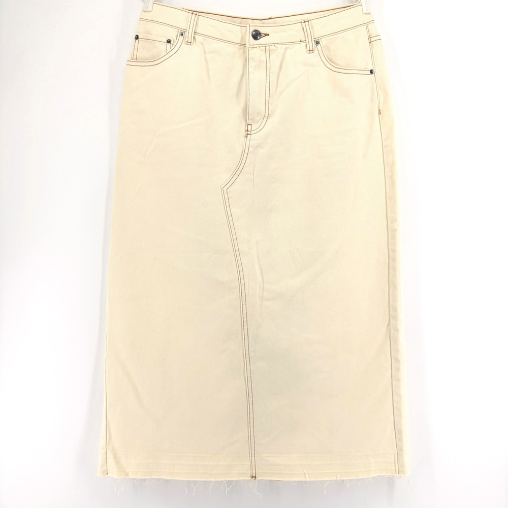 Y2K Future Collective Midi Skirt 10 Reese Blutstein Cream Denim Contrast Stitch